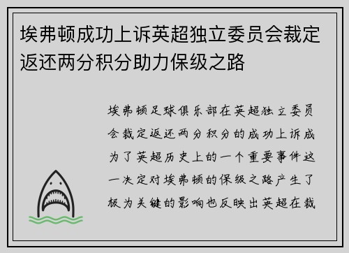 埃弗顿成功上诉英超独立委员会裁定返还两分积分助力保级之路 埃弗顿成功上诉英超独立委员会裁定返还两分积分助力保级之路